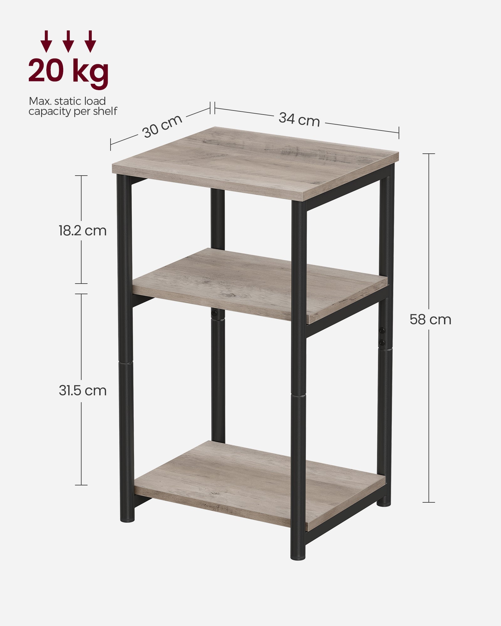 3-Tier End Table – Steel Frame – Heather Greige and Classic Black – Industrial Style