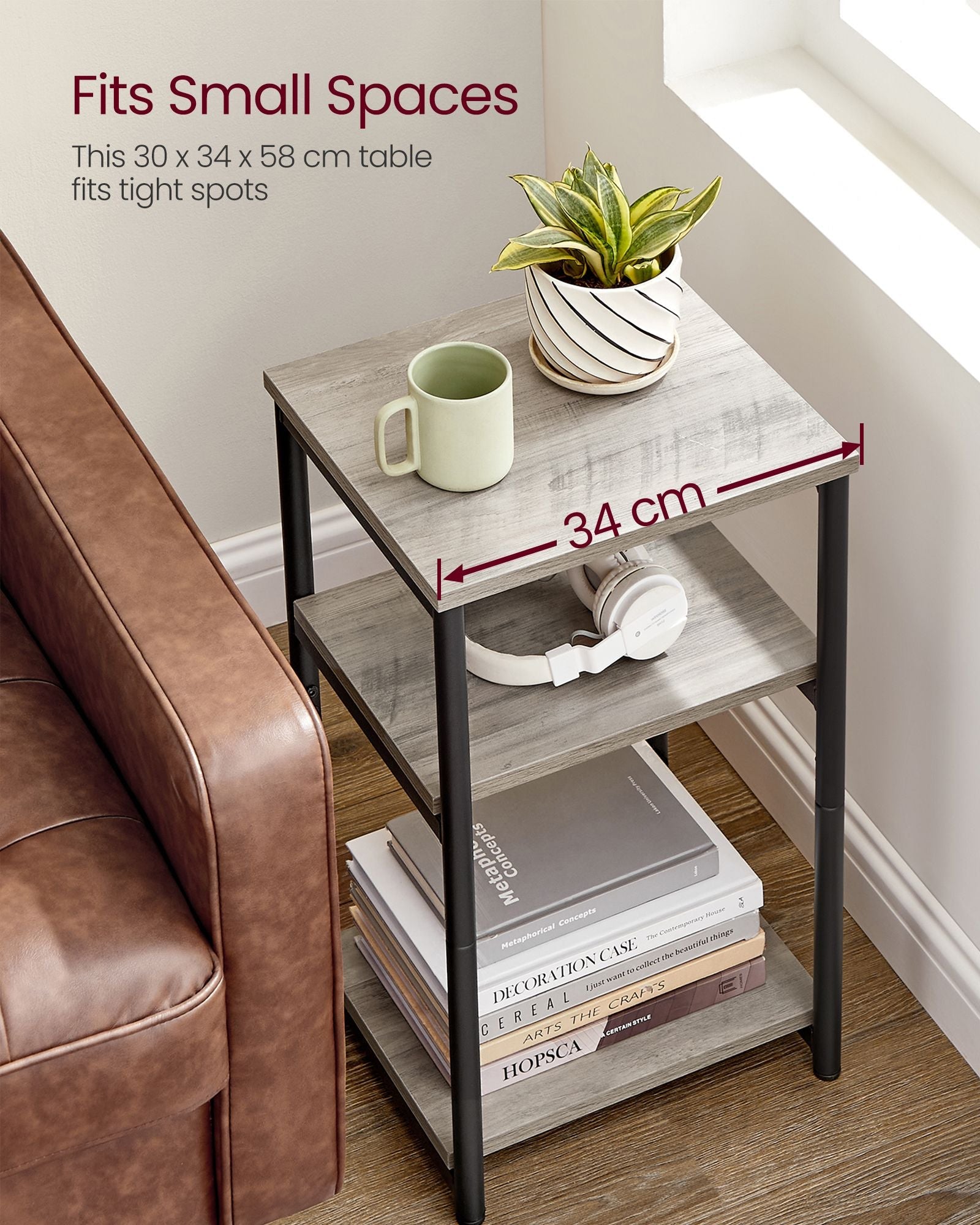 3-Tier End Table – Steel Frame – Heather Greige and Classic Black – Industrial Style