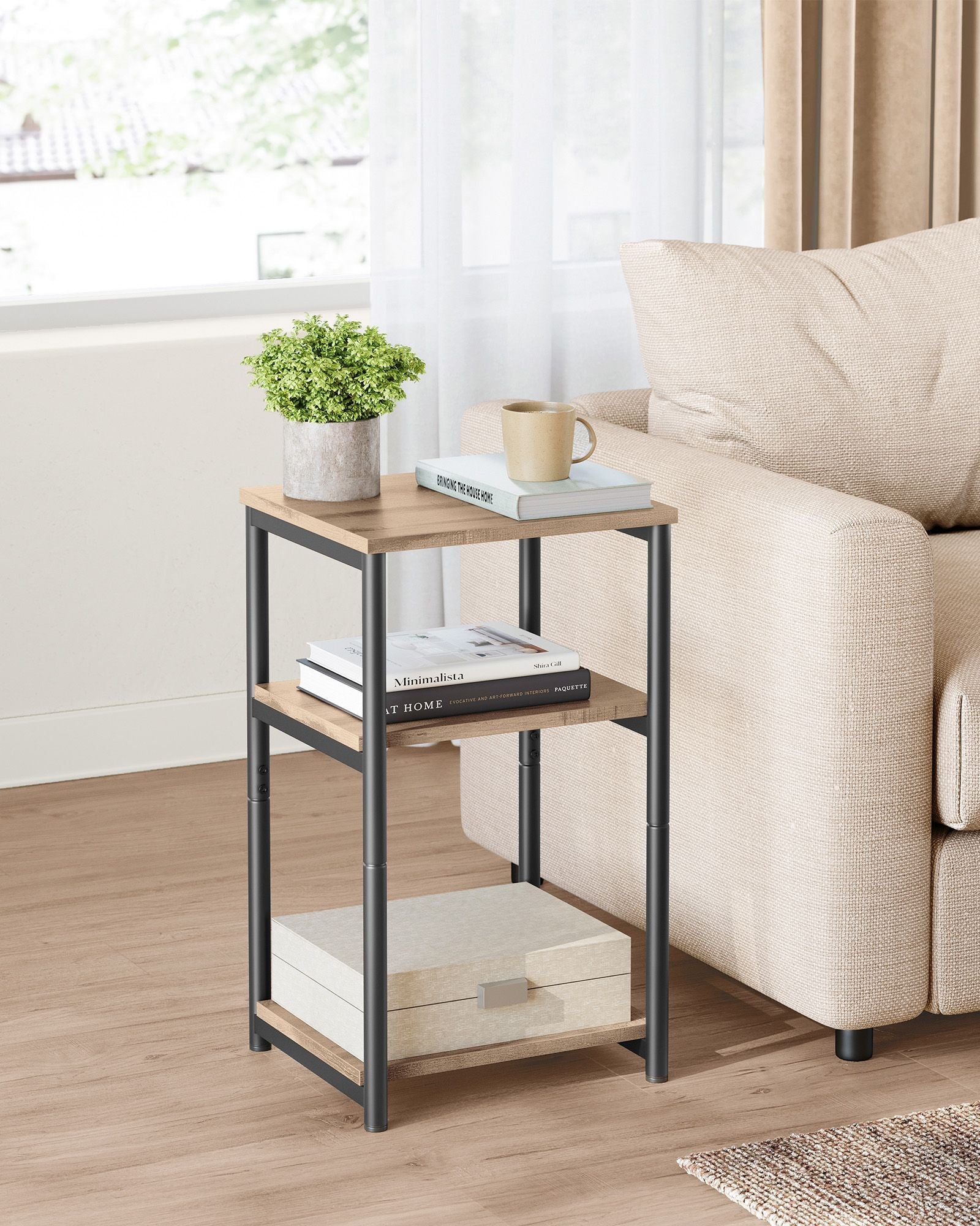 Sofa Side Table – Steel – Camel Brown and Ink Black – 3-Tier Industrial Design