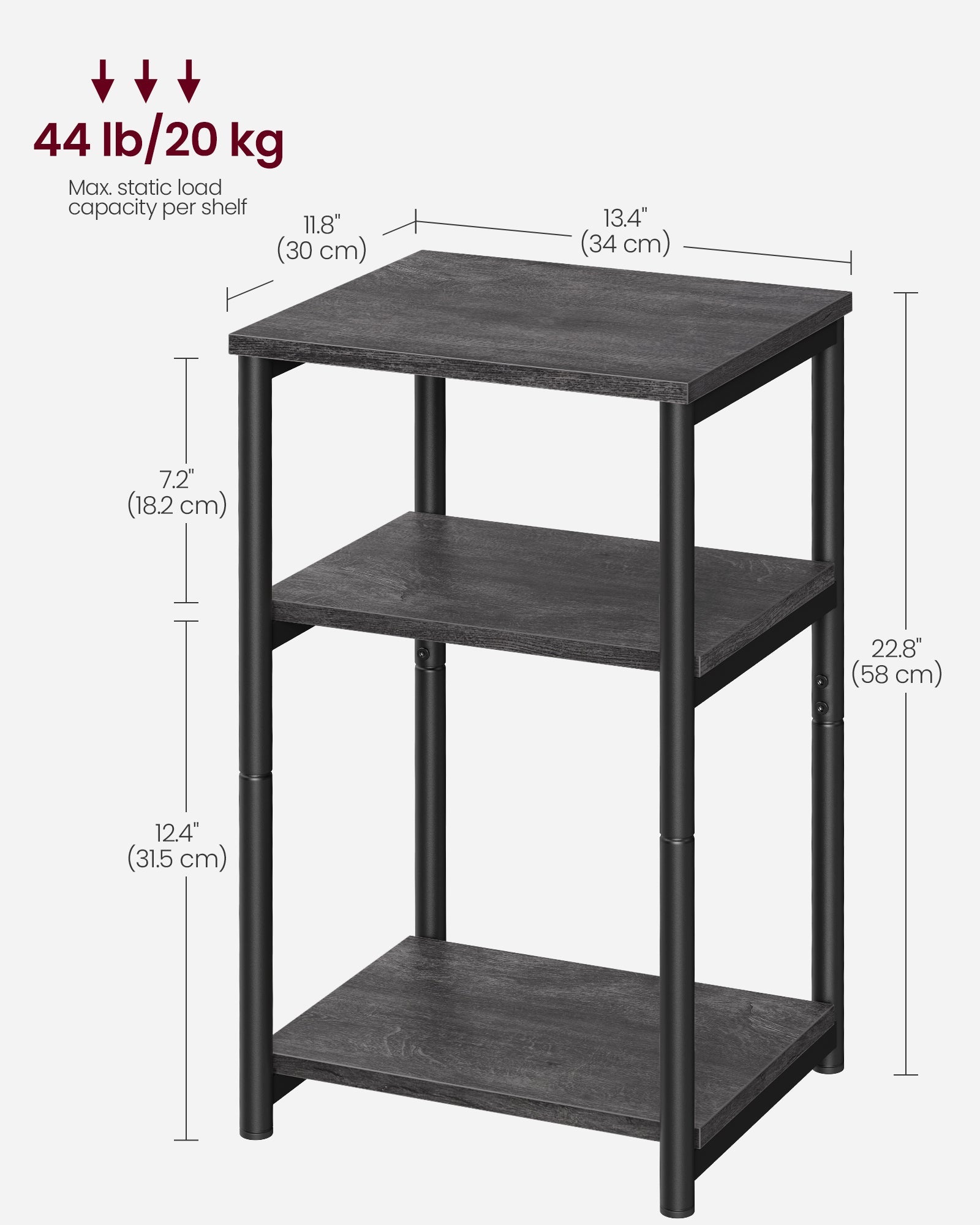 3-Tier Side Table – Steel Frame – Misty Grey and Ink Black – Industrial Style