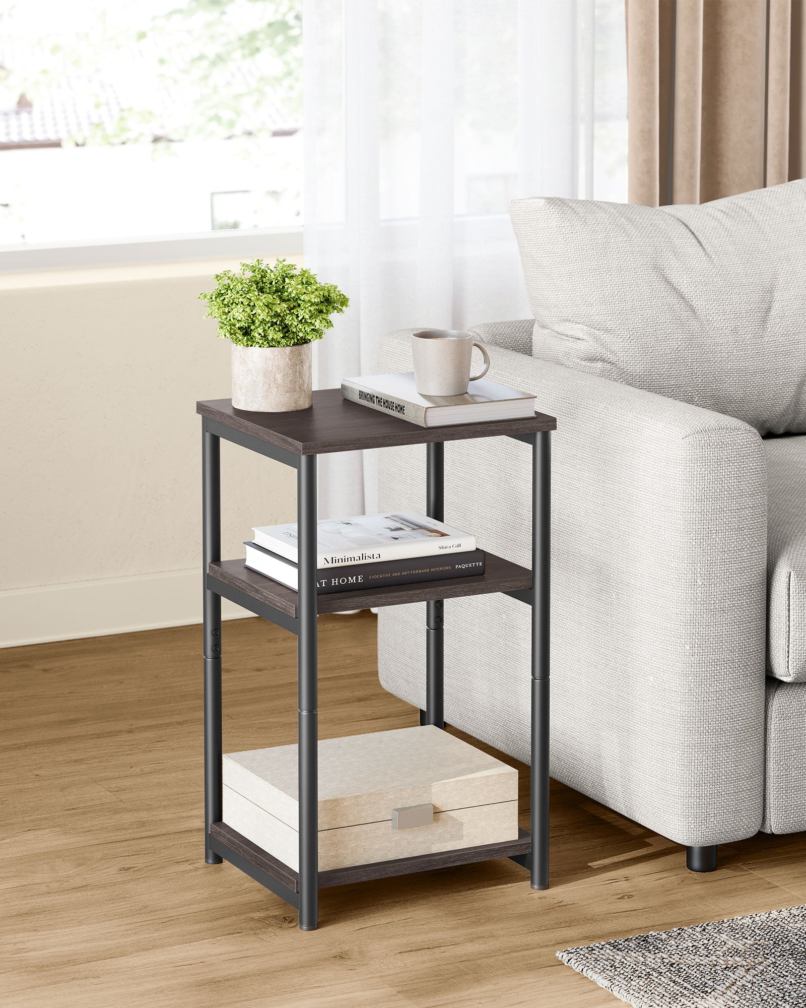 3-Tier Sofa Side Table – Steel Frame – Chestnut Brown and Ink Black – Industrial Style