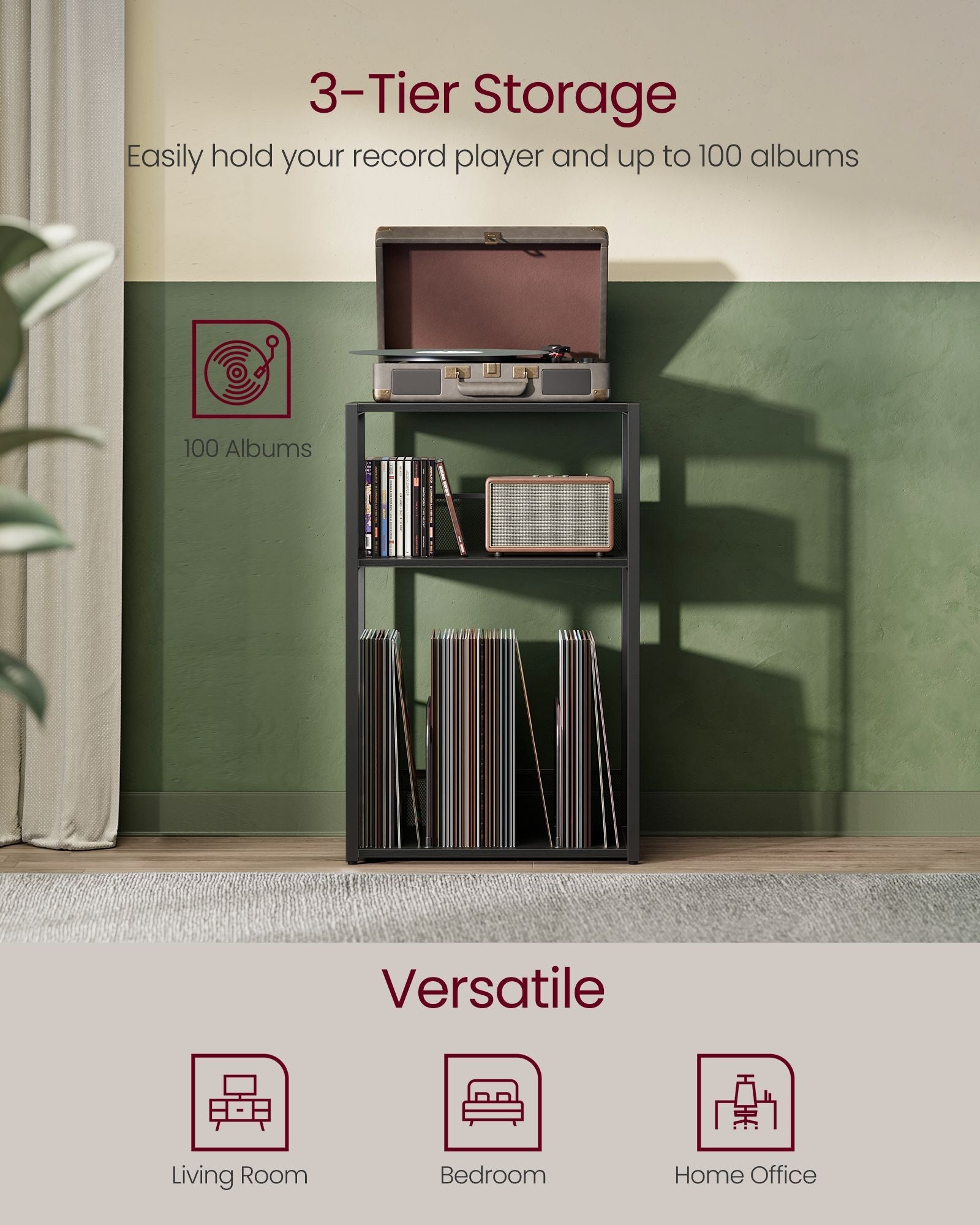 Record Player Stand – Wood – Ebony Black – 3-Tier Vinyl Record Storage for Up to 100 Albums