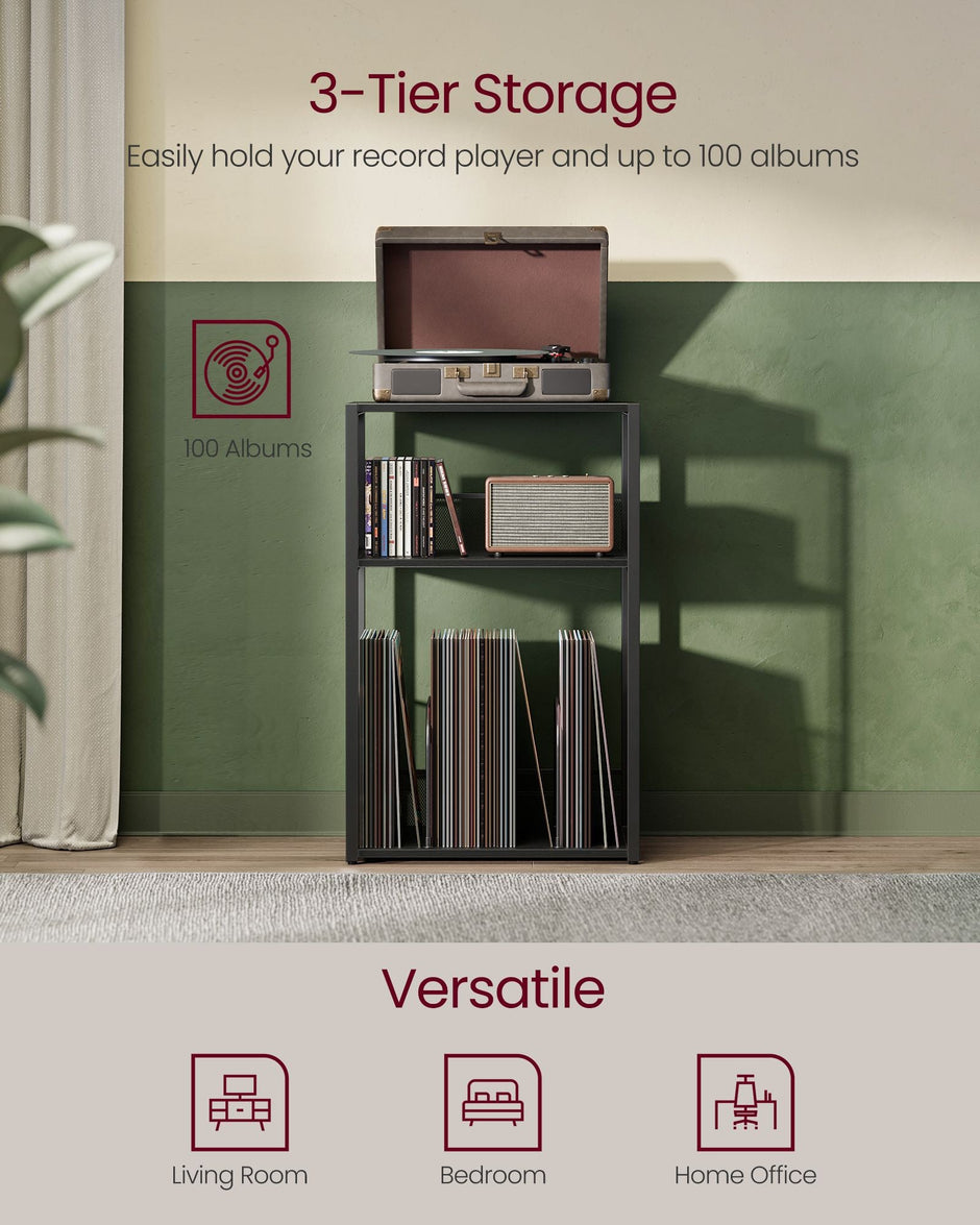 Record Player Stand – Wood – Ebony Black – 3-Tier Vinyl Record Storage for Up to 100 Albums