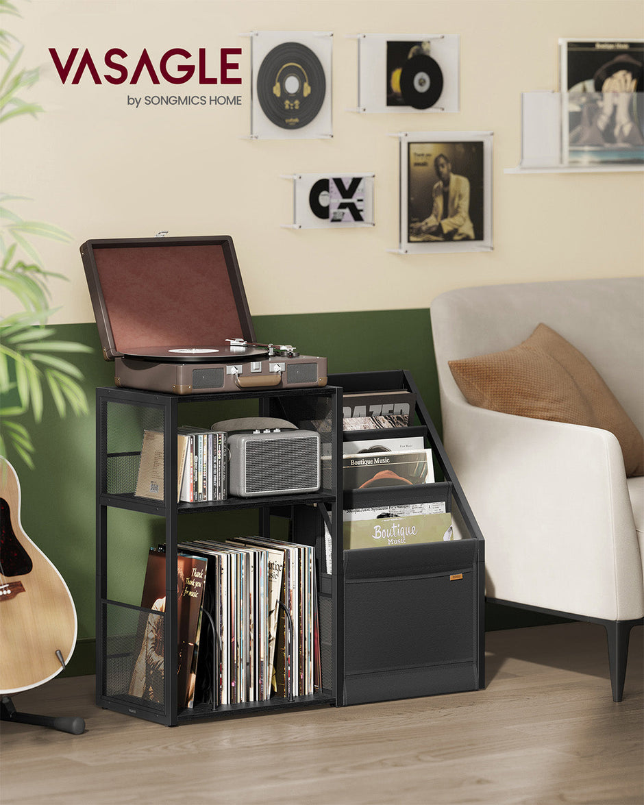 Record Player Stand – Wood – Rustic Brown – Vinyl Storage for Up to 140 Albums, Three-Tier Design
