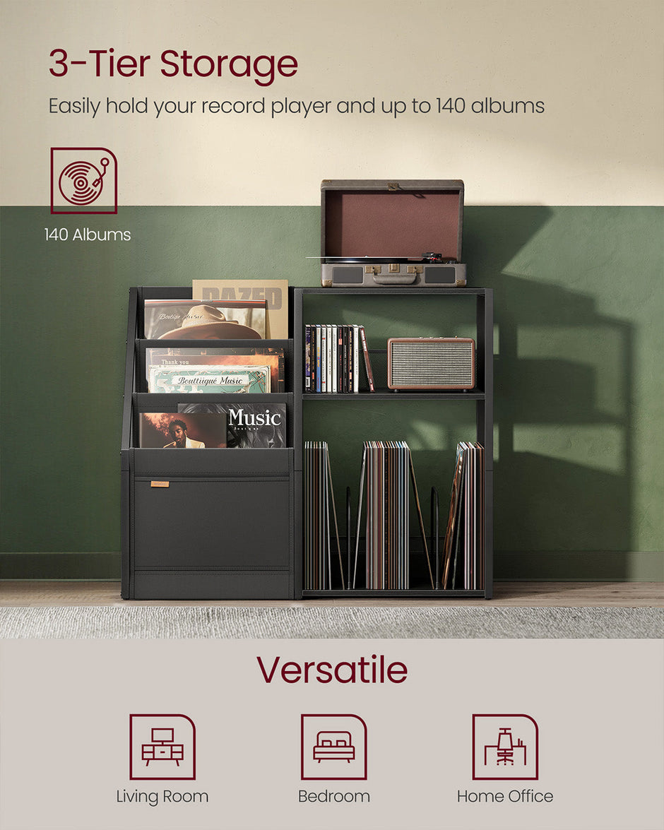 Record Player Stand – Wood – Rustic Brown – Vinyl Storage for Up to 140 Albums, Three-Tier Design