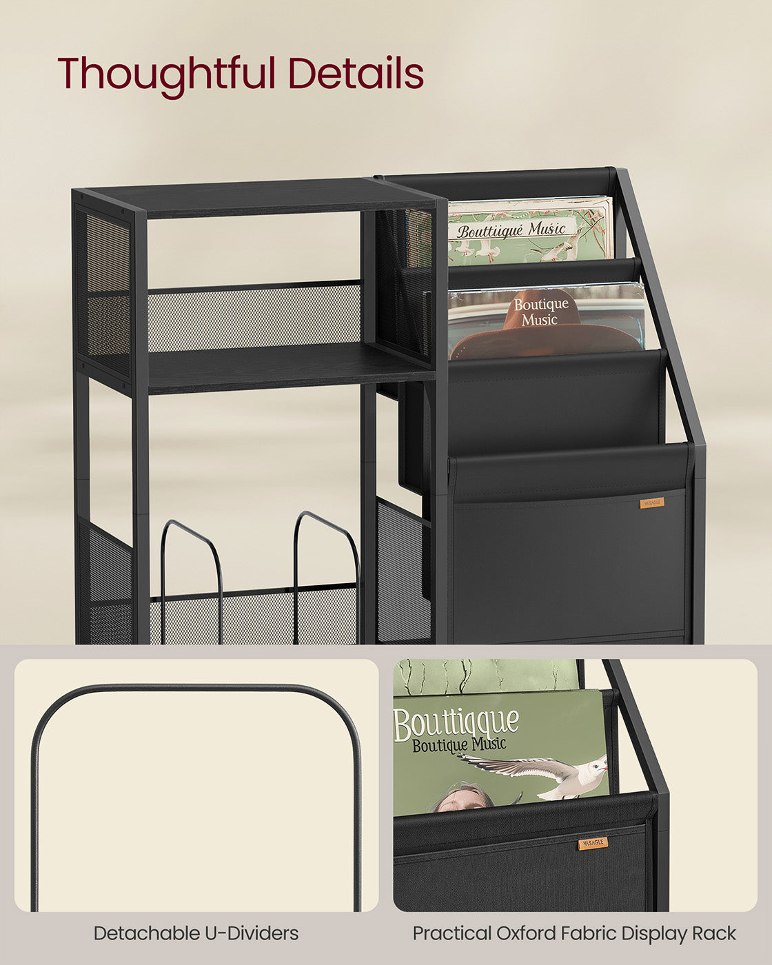 Record Player Stand – Wood – Rustic Brown – Vinyl Storage for Up to 140 Albums, Three-Tier Design