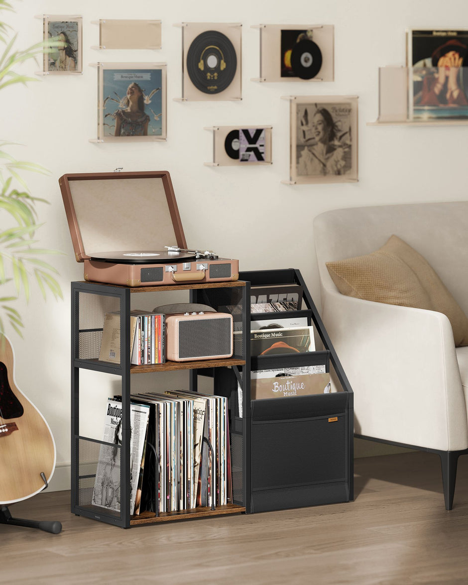 Record Player Stand – Wood – Rustic Brown – Vinyl Storage for Up to 140 Albums, Three-Tier Design