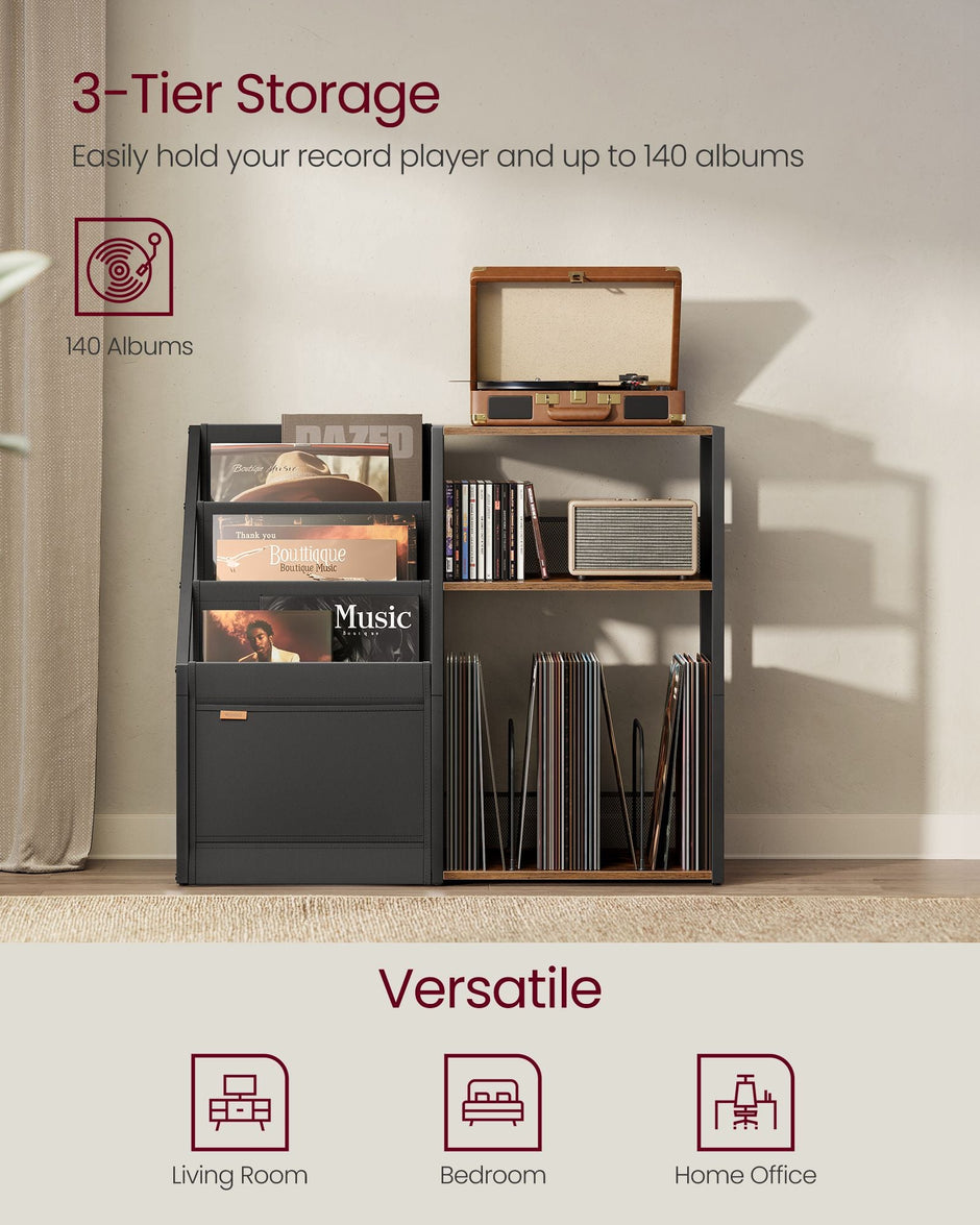 Record Player Stand – Wood – Rustic Brown – Vinyl Storage for Up to 140 Albums, Three-Tier Design