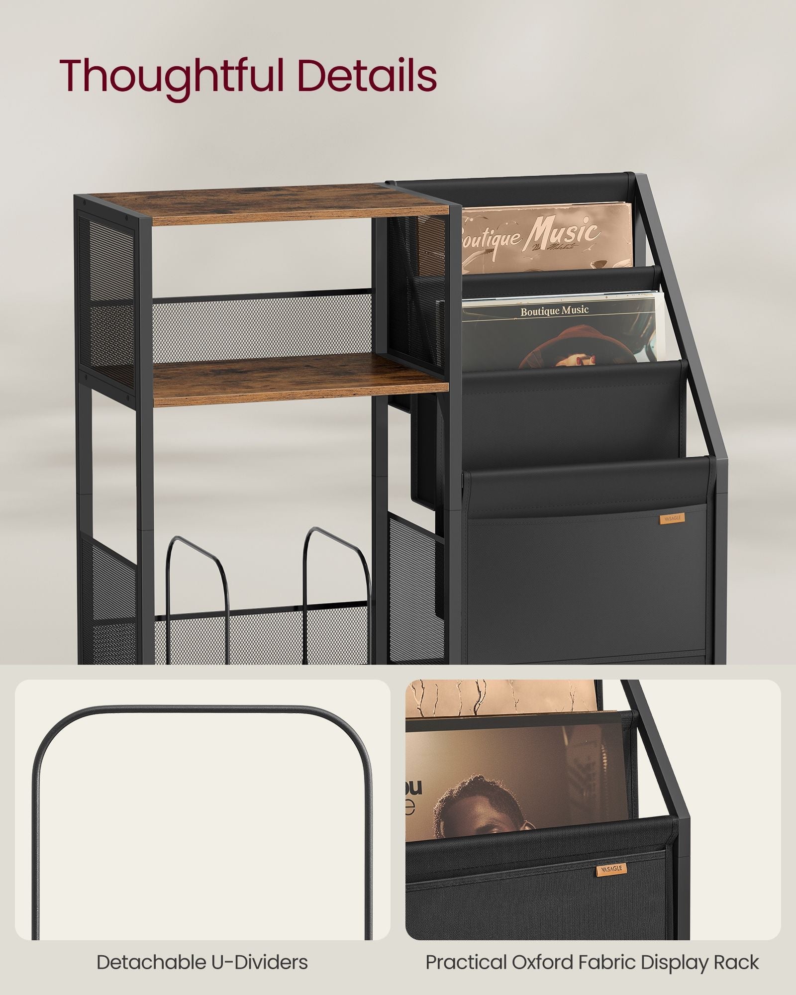 Record Player Stand – Wood – Rustic Brown – Vinyl Storage for Up to 140 Albums, Three-Tier Design