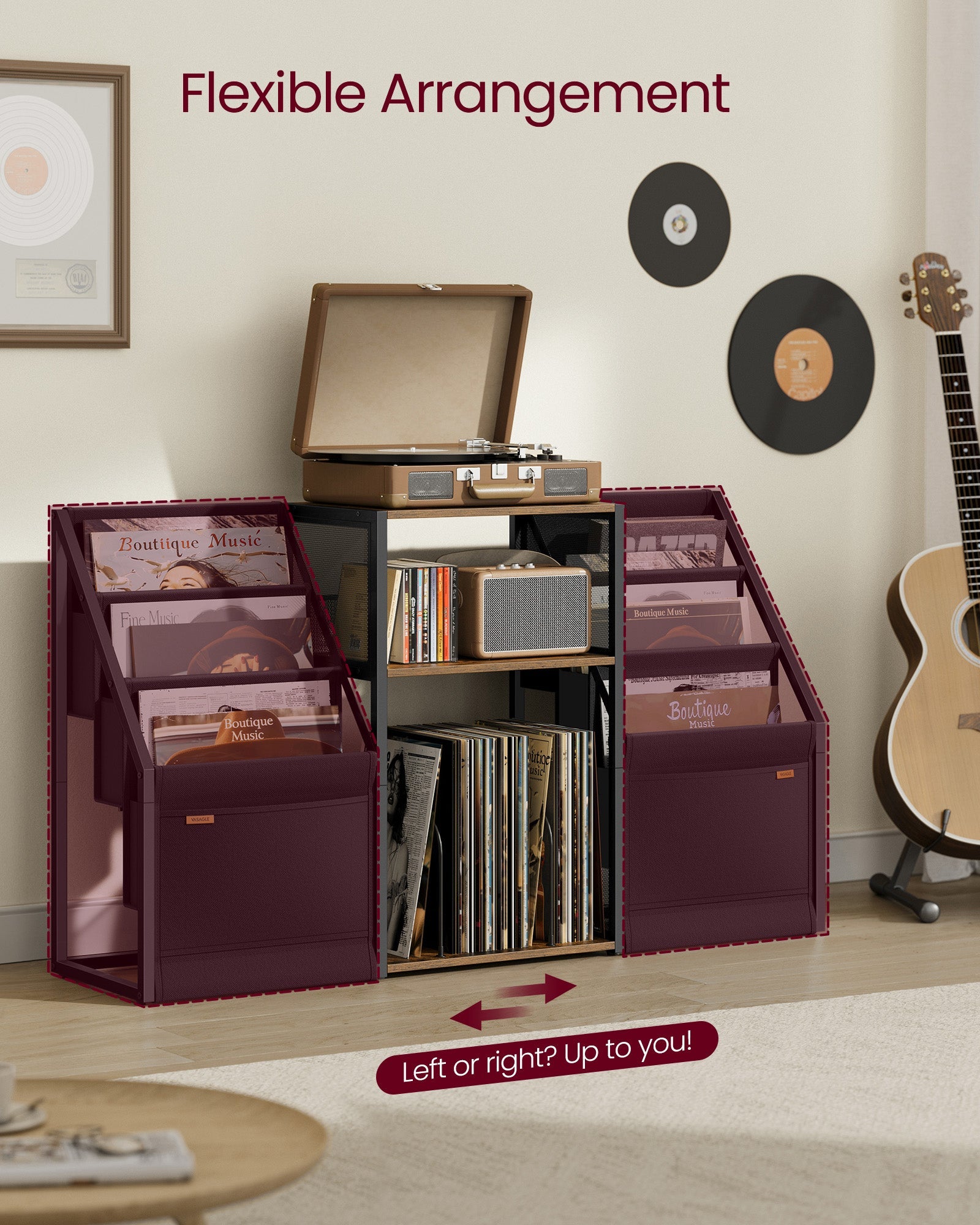 Record Player Stand – Wood – Rustic Brown – Vinyl Storage for Up to 140 Albums, Three-Tier Design