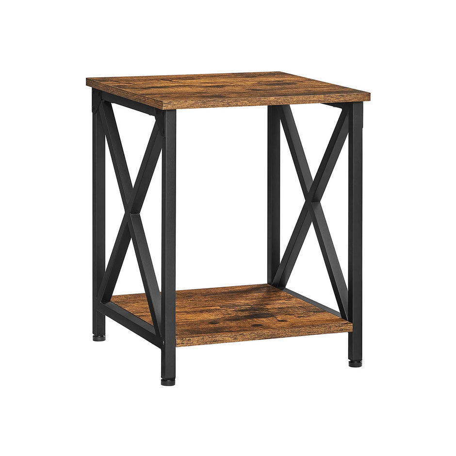 Side Table – Wood and Steel – Rustic Brown and Black – X-Shape Frame with Storage Shelf
