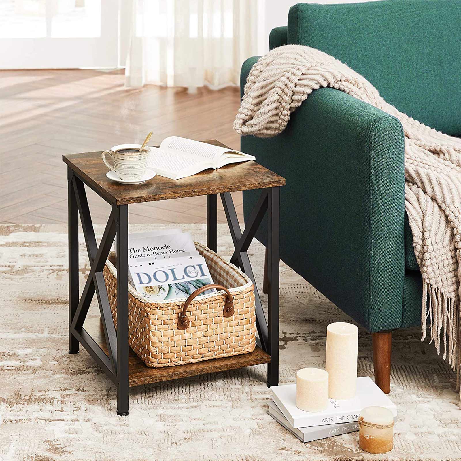 Side Table – Wood and Steel – Rustic Brown and Black – X-Shape Frame with Storage Shelf