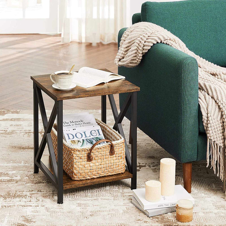 Side Table – Wood and Steel – Rustic Brown and Black – X-Shape Frame with Storage Shelf