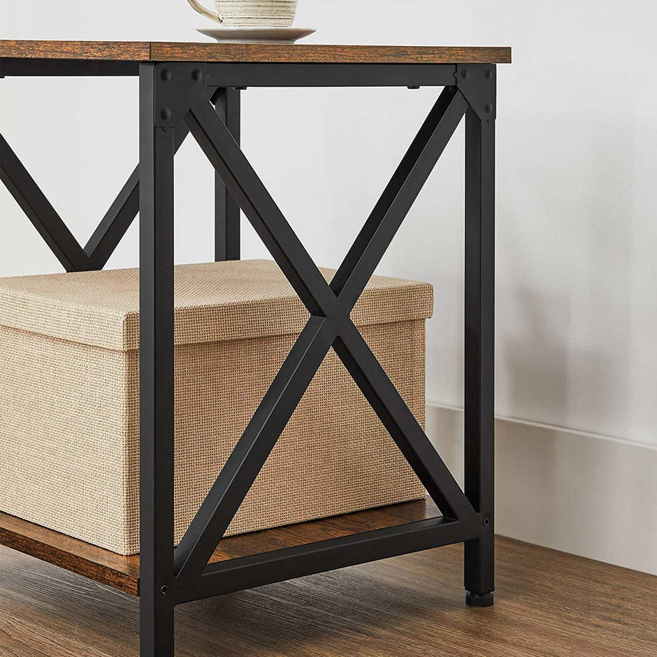 Side Table – Wood and Steel – Rustic Brown and Black – X-Shape Frame with Storage Shelf