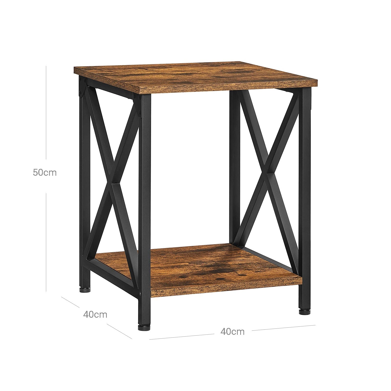 Side Table – Wood and Steel – Rustic Brown and Black – X-Shape Frame with Storage Shelf
