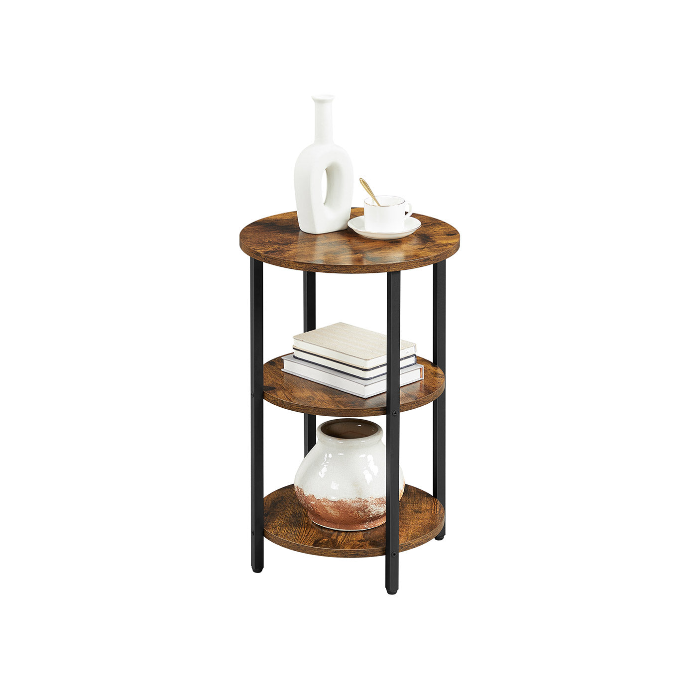 3-Tier Round Accent Table – Steel Frame – Rustic Brown and Black – Easy Assembly