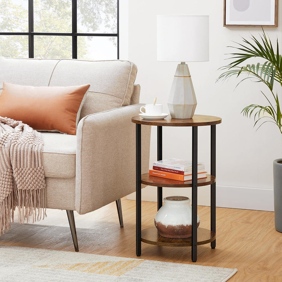 3-Tier Round Accent Table – Steel Frame – Rustic Brown and Black – Easy Assembly