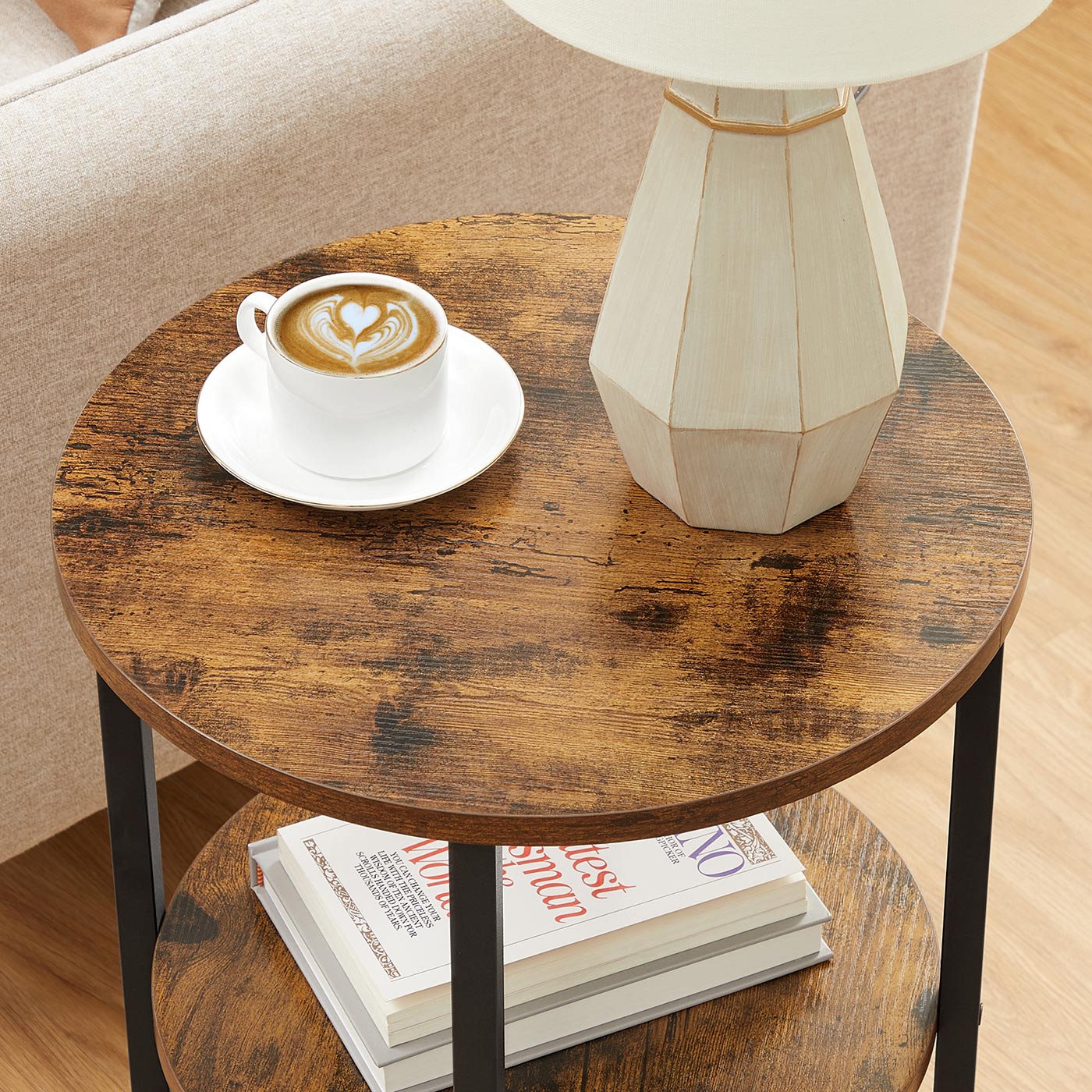3-Tier Round Accent Table – Steel Frame – Rustic Brown and Black – Easy Assembly
