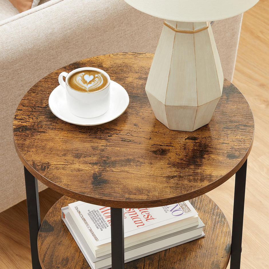 3-Tier Round Accent Table – Steel Frame – Rustic Brown and Black – Easy Assembly
