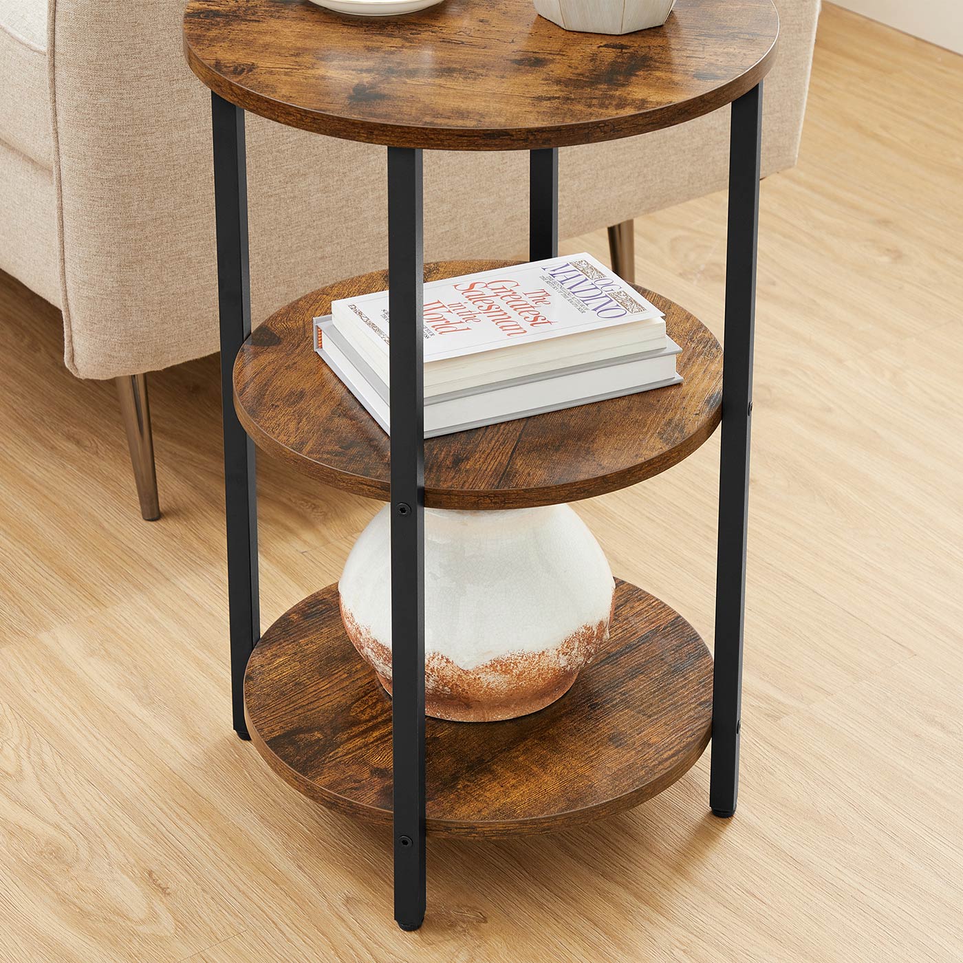 3-Tier Round Accent Table – Steel Frame – Rustic Brown and Black – Easy Assembly