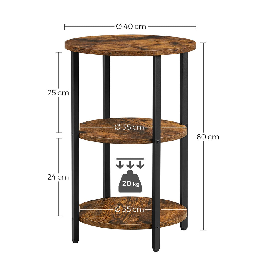 3-Tier Round Accent Table – Steel Frame – Rustic Brown and Black – Easy Assembly