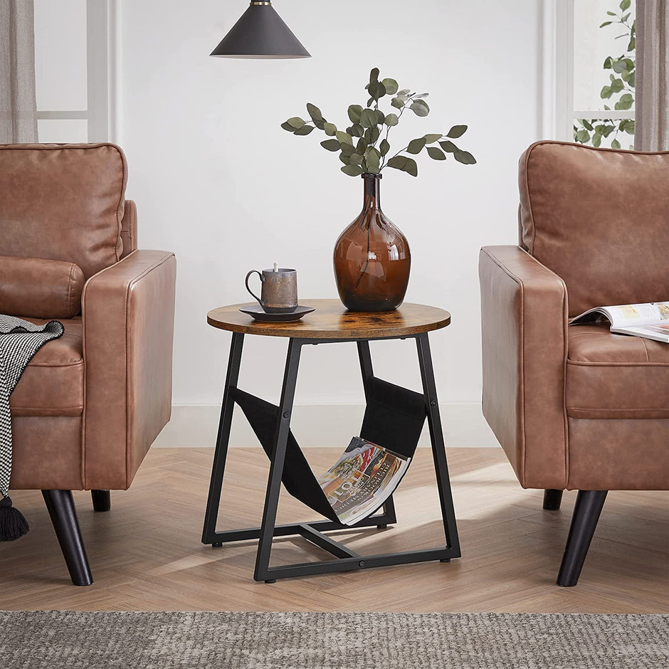 Round Side Table – Steel – Rustic Brown and Black – Magazine Pocket