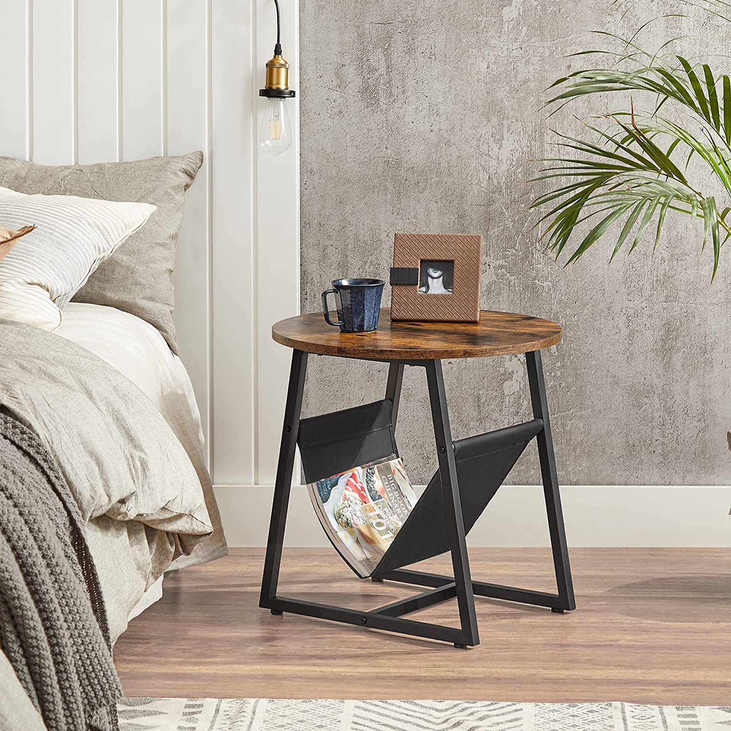 Round Side Table – Steel – Rustic Brown and Black – Magazine Pocket