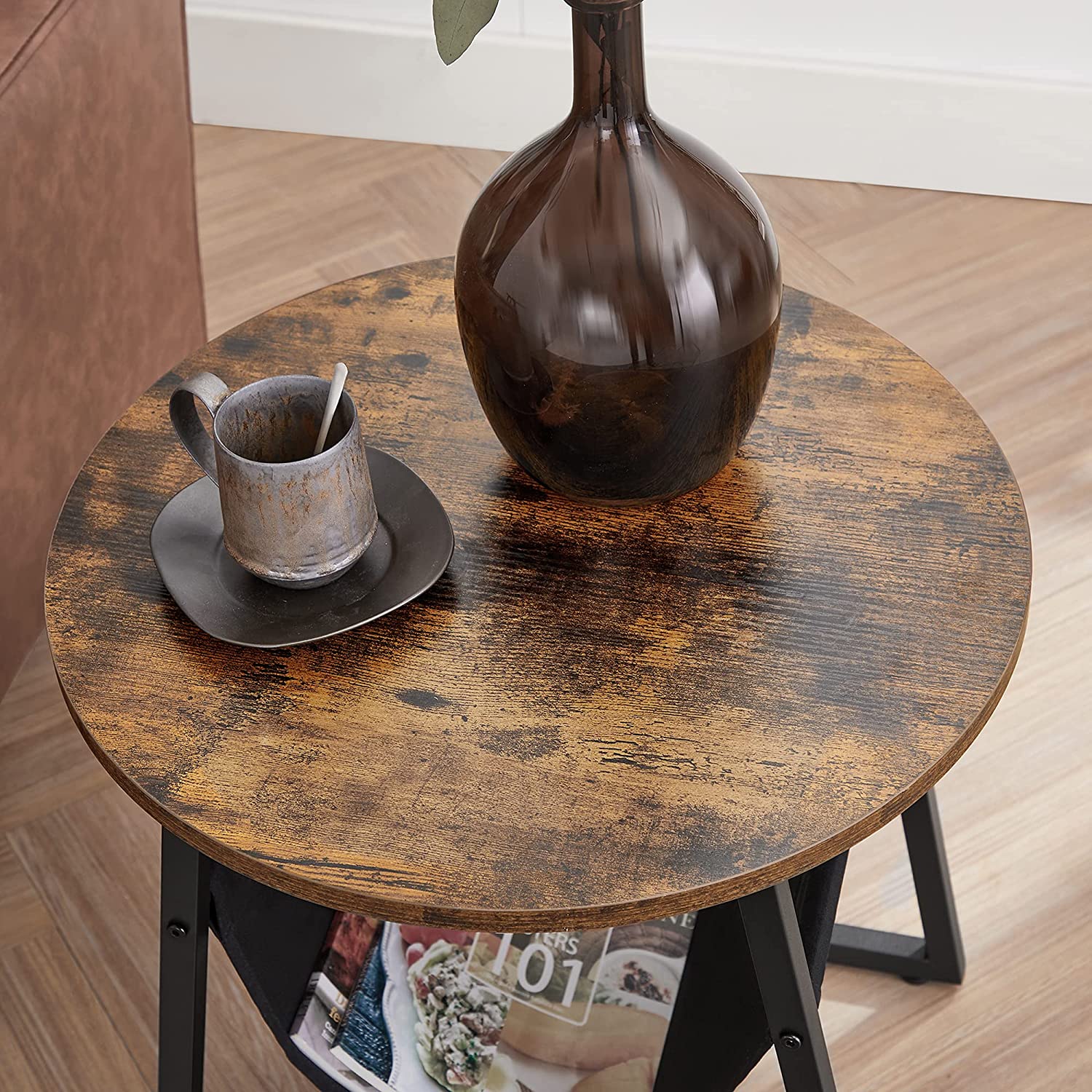 Round Side Table – Steel – Rustic Brown and Black – Magazine Pocket