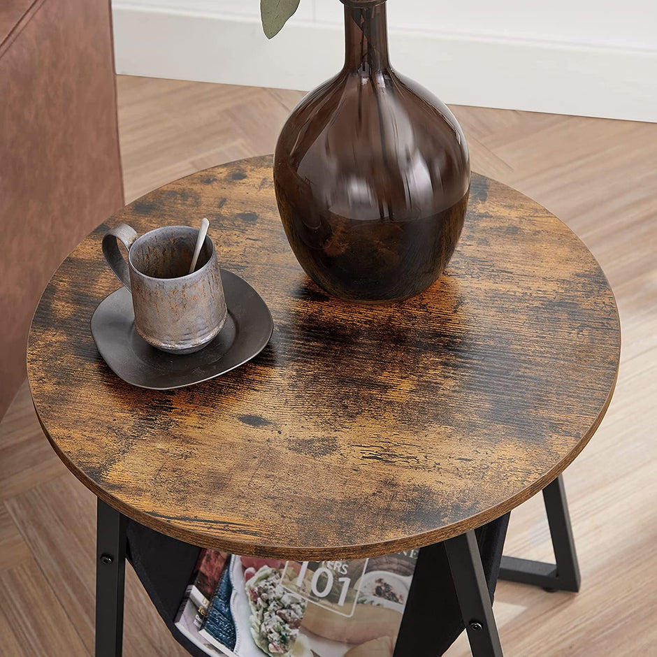 Round Side Table – Steel – Rustic Brown and Black – Magazine Pocket