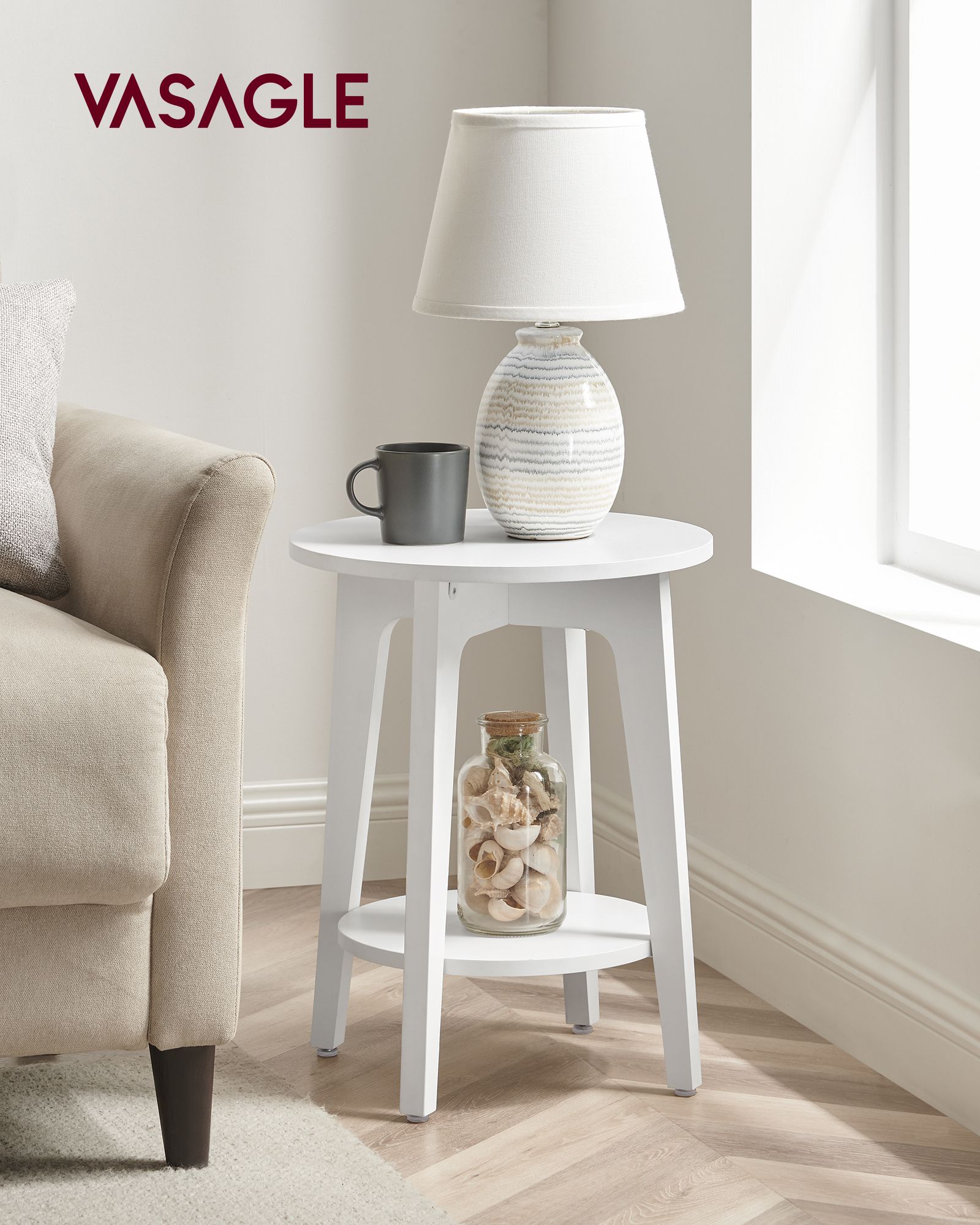 Side Table – Wood – White – Modern Design with Lower Shelf