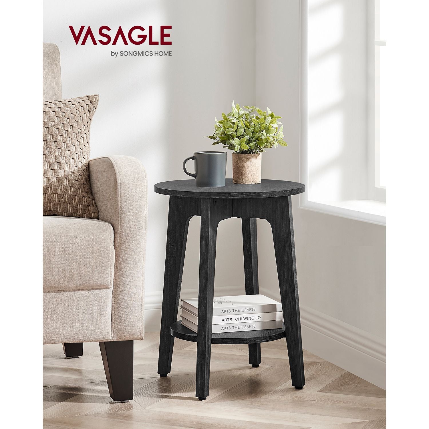 Round Side Table – Metal – Black – Modern Design with Lower Shelf