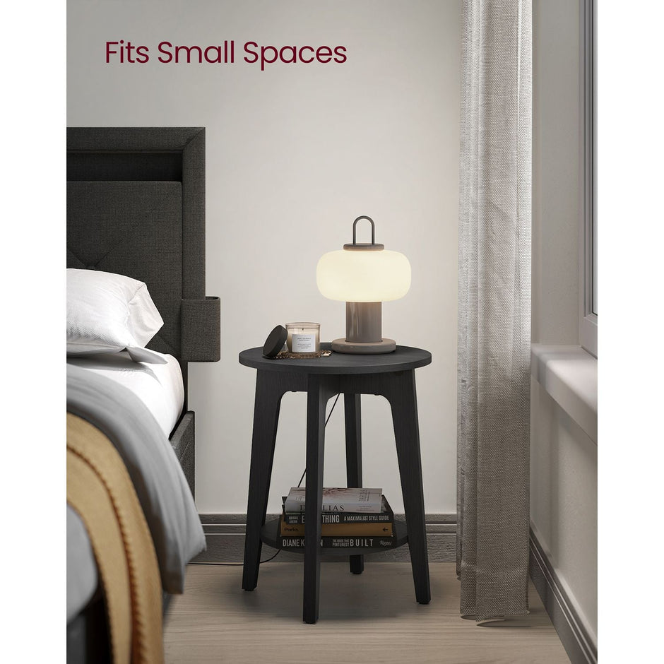 Round Side Table – Metal – Black – Modern Design with Lower Shelf