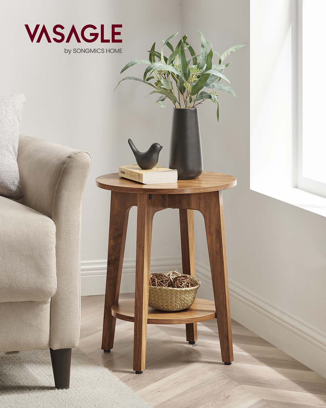 Side Table – Wood – Yellowish Brown – Modern Design with Lower Shelf