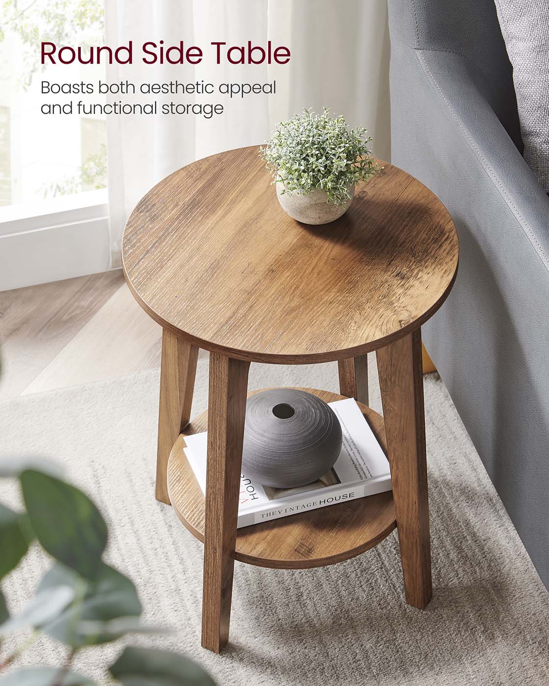 Side Table – Wood – Yellowish Brown – Modern Design with Lower Shelf