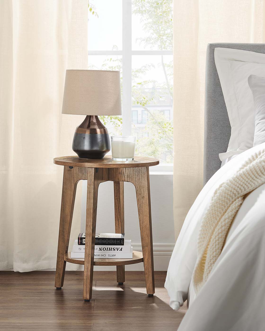 Side Table – Wood – Yellowish Brown – Modern Design with Lower Shelf