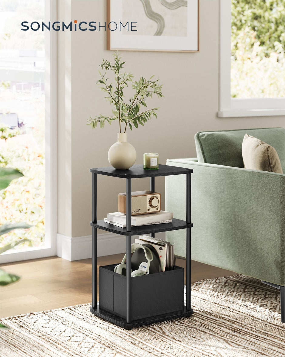 Side Table – Steel – Ebony Black – 3 Storage Shelves with Fabric Basket