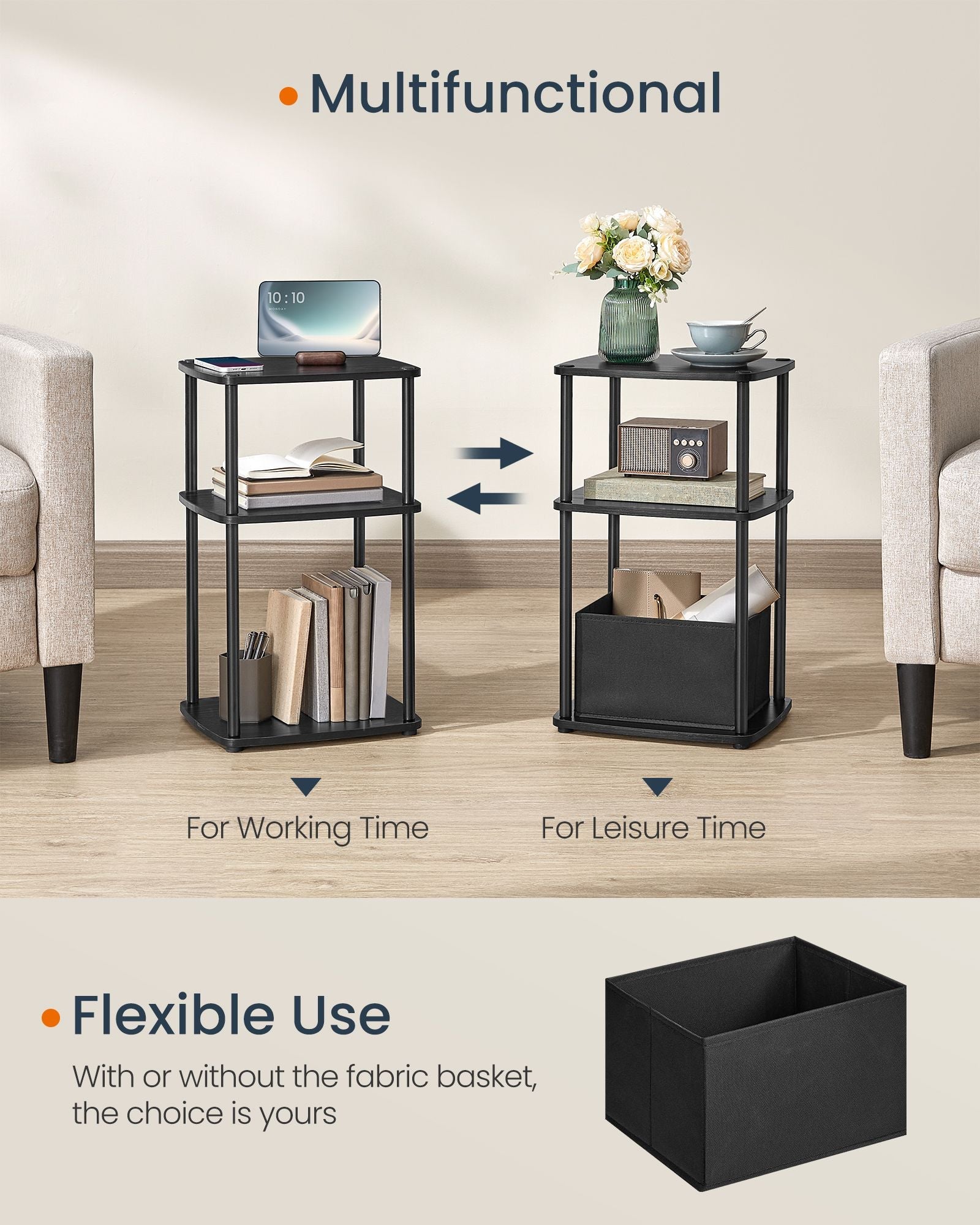 Side Table – Steel – Ebony Black – 3 Storage Shelves with Fabric Basket