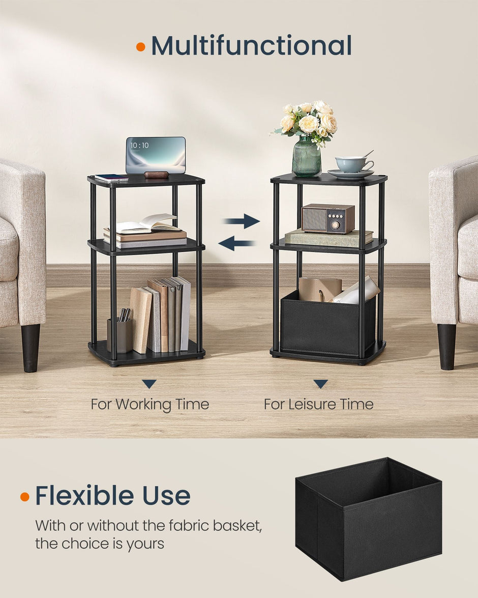 Side Table – Steel – Ebony Black – 3 Storage Shelves with Fabric Basket