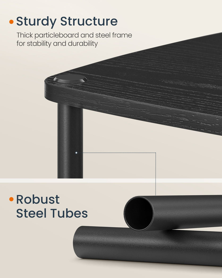 Side Table – Steel – Ebony Black – 3 Storage Shelves with Fabric Basket