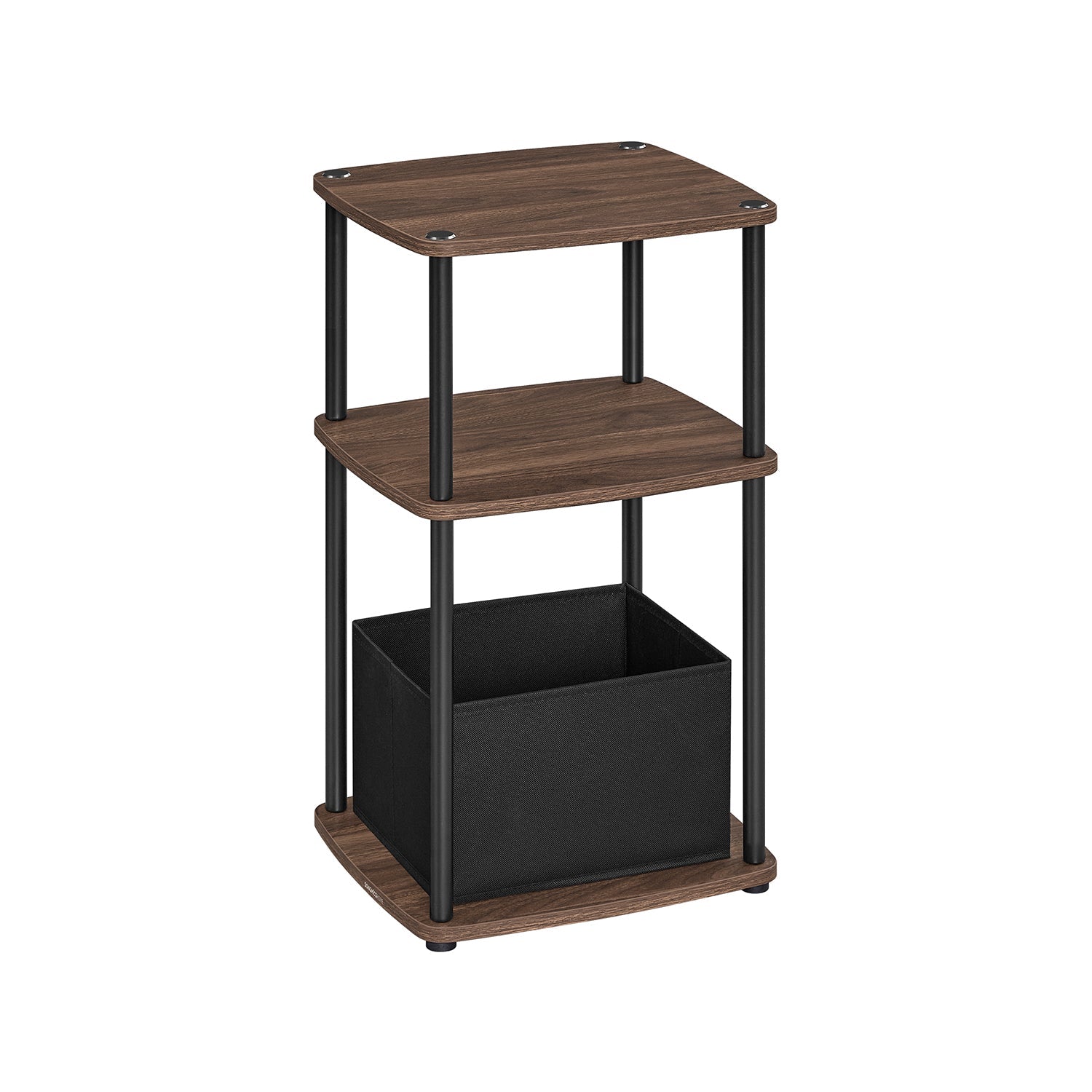 Side Table – Steel Frame – Ebony Walnut – 3 Storage Shelves with Fabric Basket