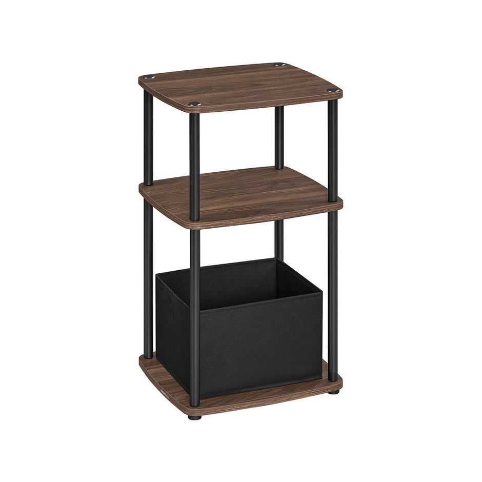 Side Table – Steel Frame – Ebony Walnut – 3 Storage Shelves with Fabric Basket