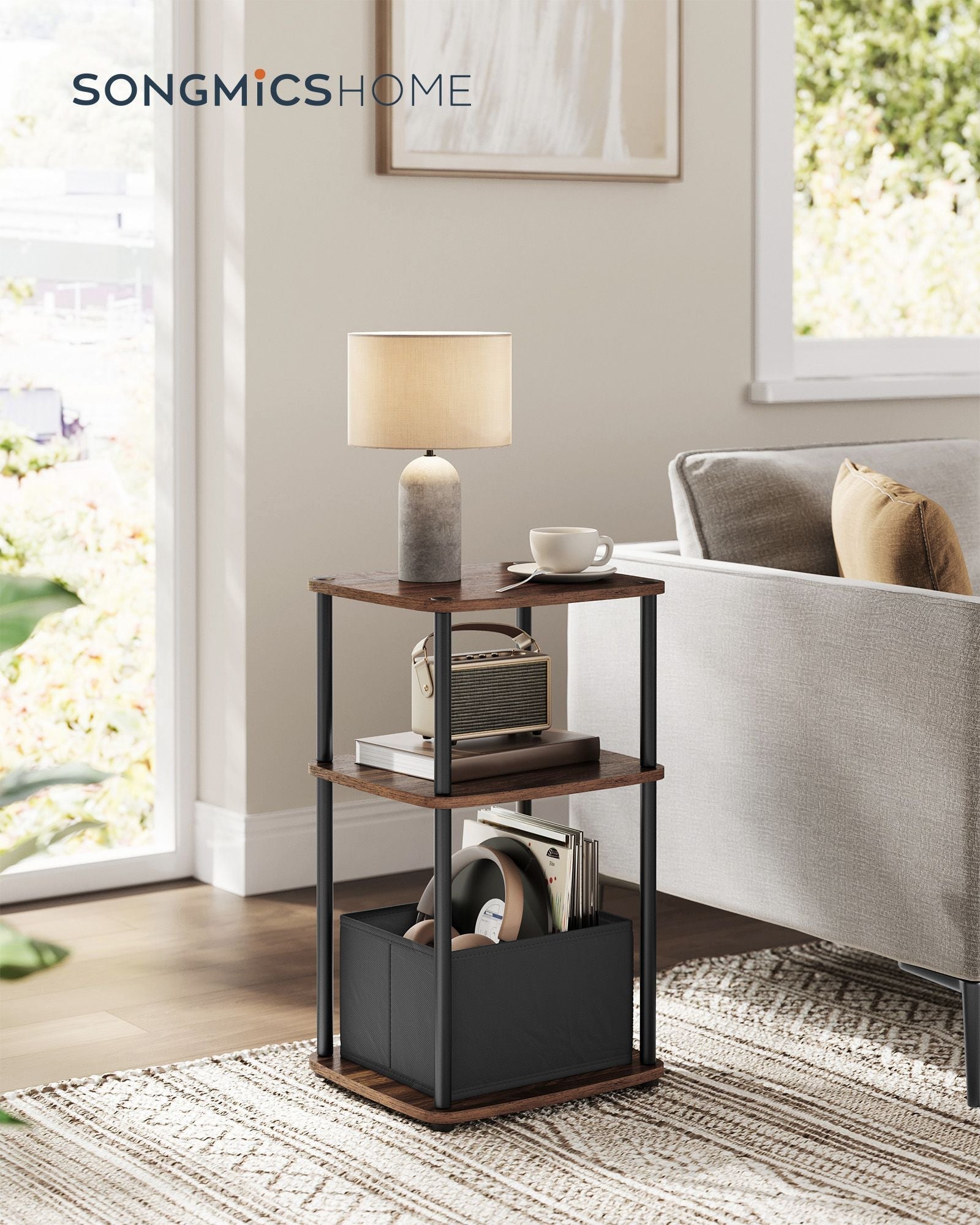 Side Table – Steel Frame – Ebony Walnut – 3 Storage Shelves with Fabric Basket