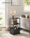 Side Table – Steel Frame – Ebony Walnut – 3 Storage Shelves with Fabric Basket