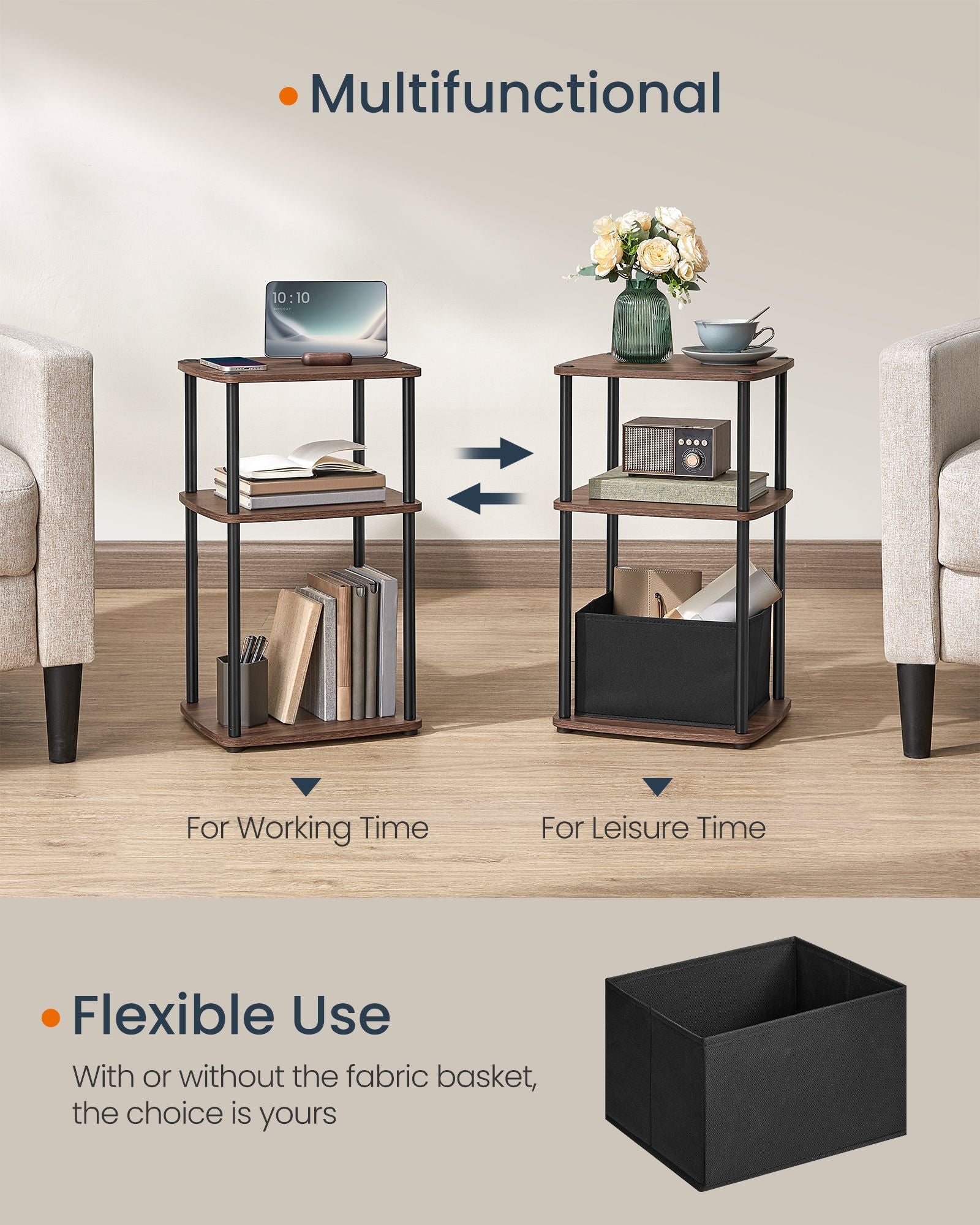 Side Table – Steel Frame – Ebony Walnut – 3 Storage Shelves with Fabric Basket