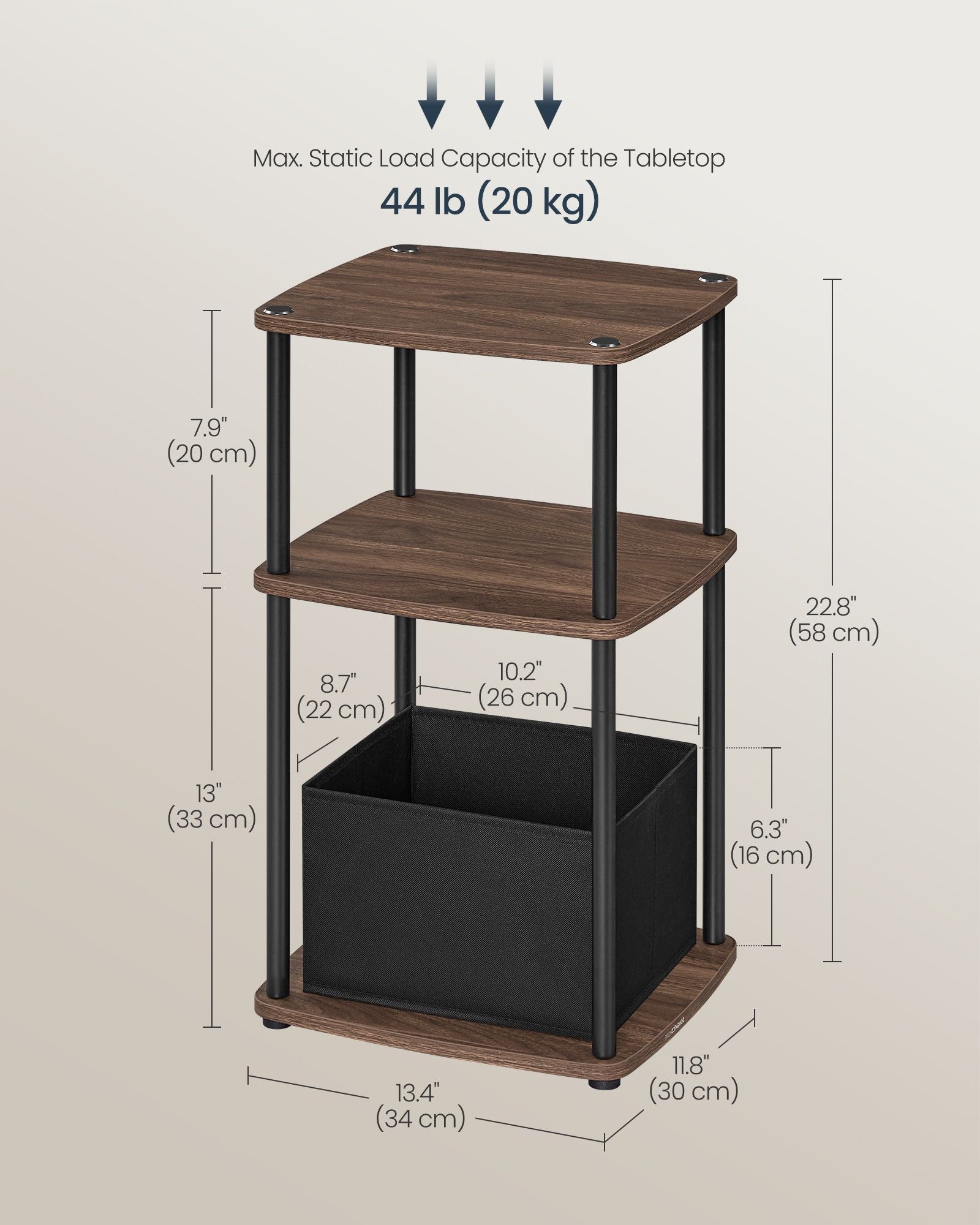 Side Table – Steel Frame – Ebony Walnut – 3 Storage Shelves with Fabric Basket