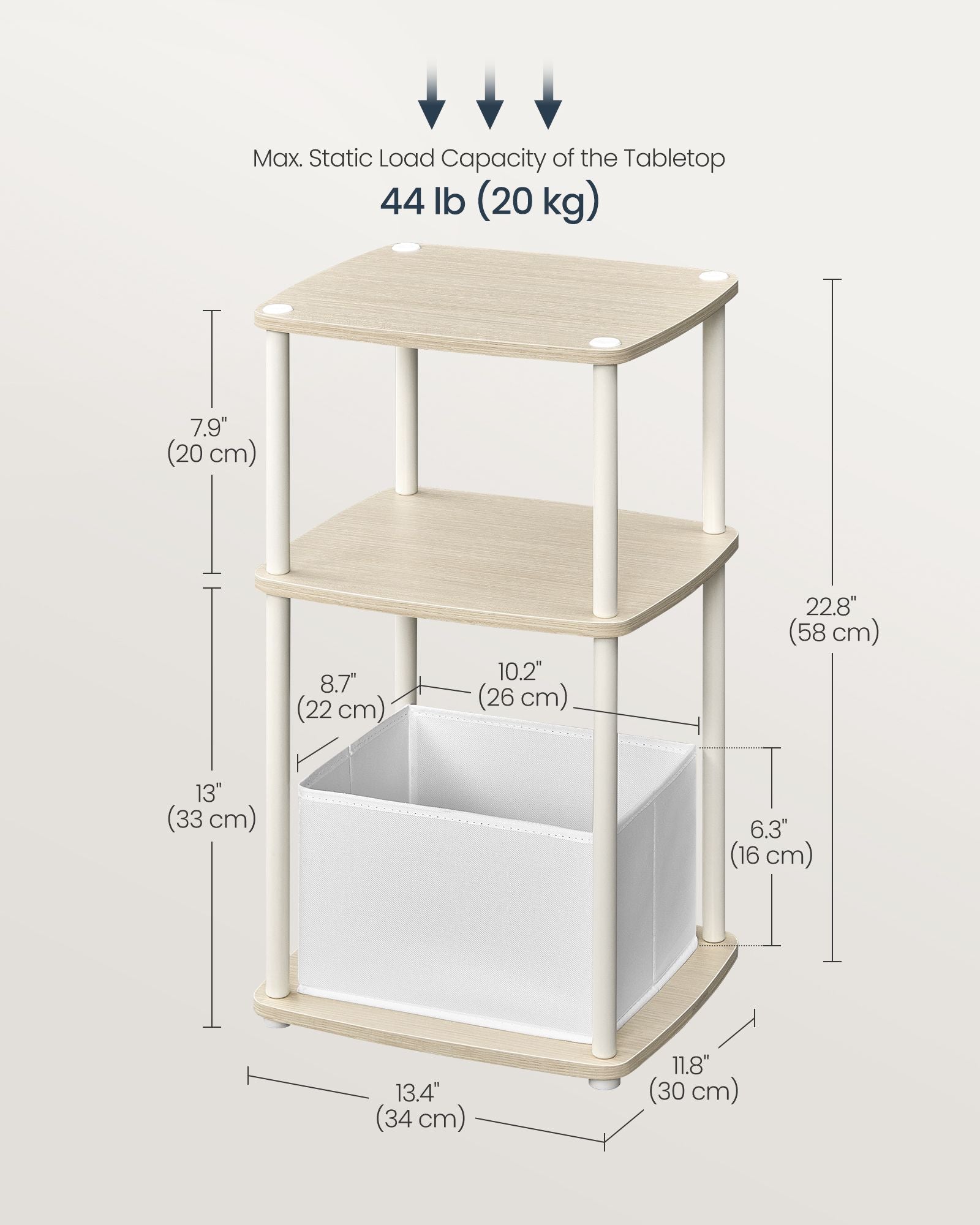 Side Table – Steel and Fabric – Natural Beige – 3 Storage Shelves
