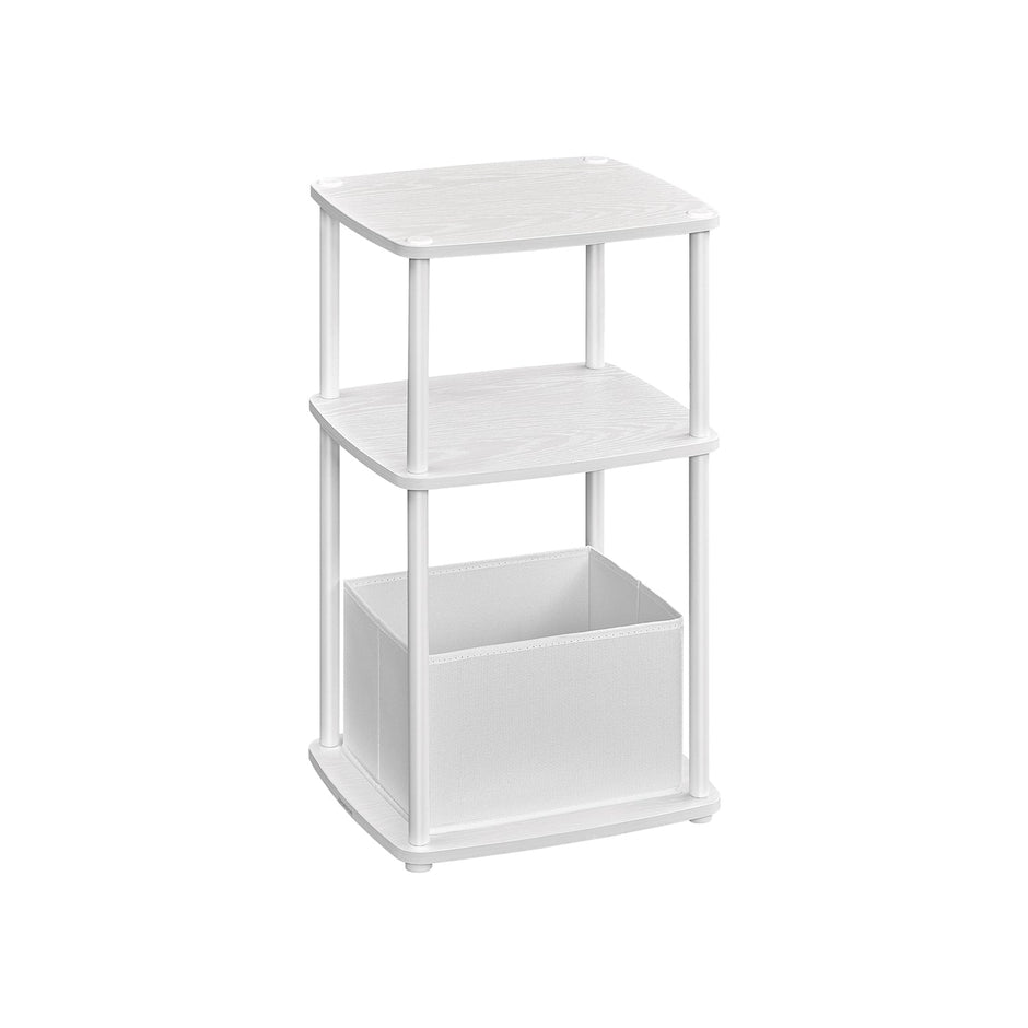Side Table – Steel Frame – Snow White – 3 Storage Shelves with Fabric Basket