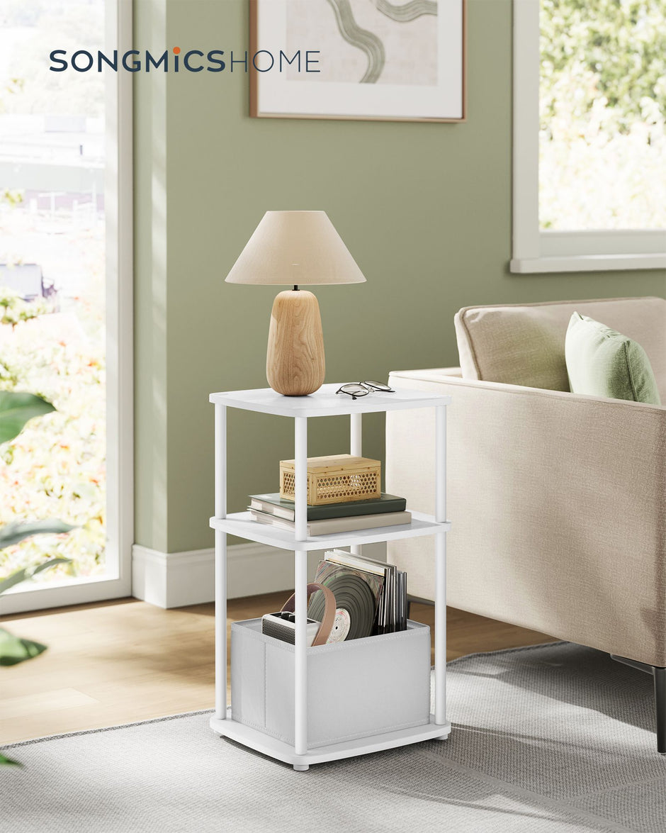 Side Table – Steel Frame – Snow White – 3 Storage Shelves with Fabric Basket