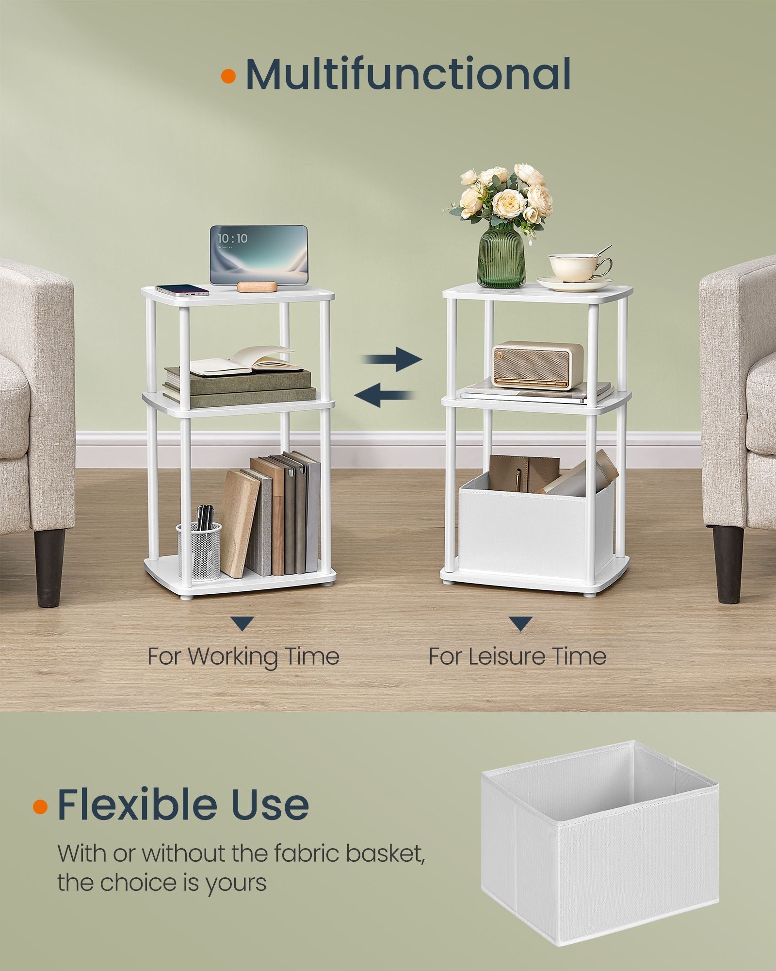 Side Table – Steel Frame – Snow White – 3 Storage Shelves with Fabric Basket