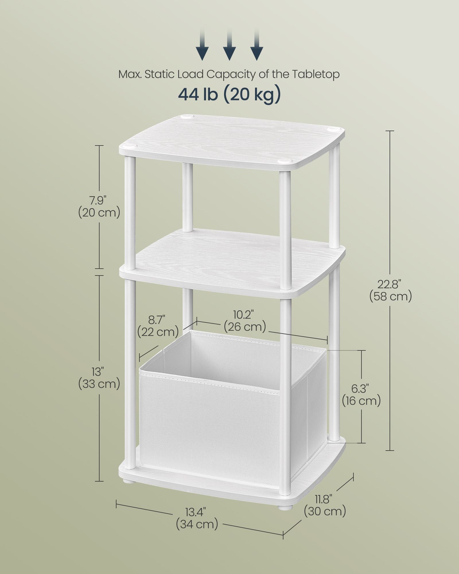 Side Table – Steel Frame – Snow White – 3 Storage Shelves with Fabric Basket
